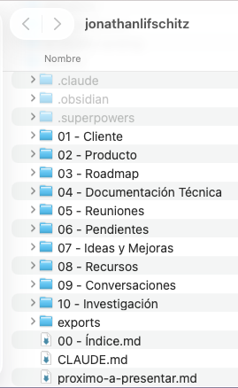 Estructura de carpetas del vault: cliente, producto, roadmap, reuniones, pendientes, conversaciones e investigación